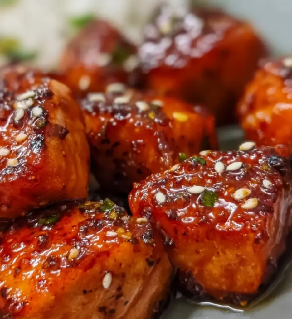 Delicious Honey Garlic Salmon Bites served on a plate