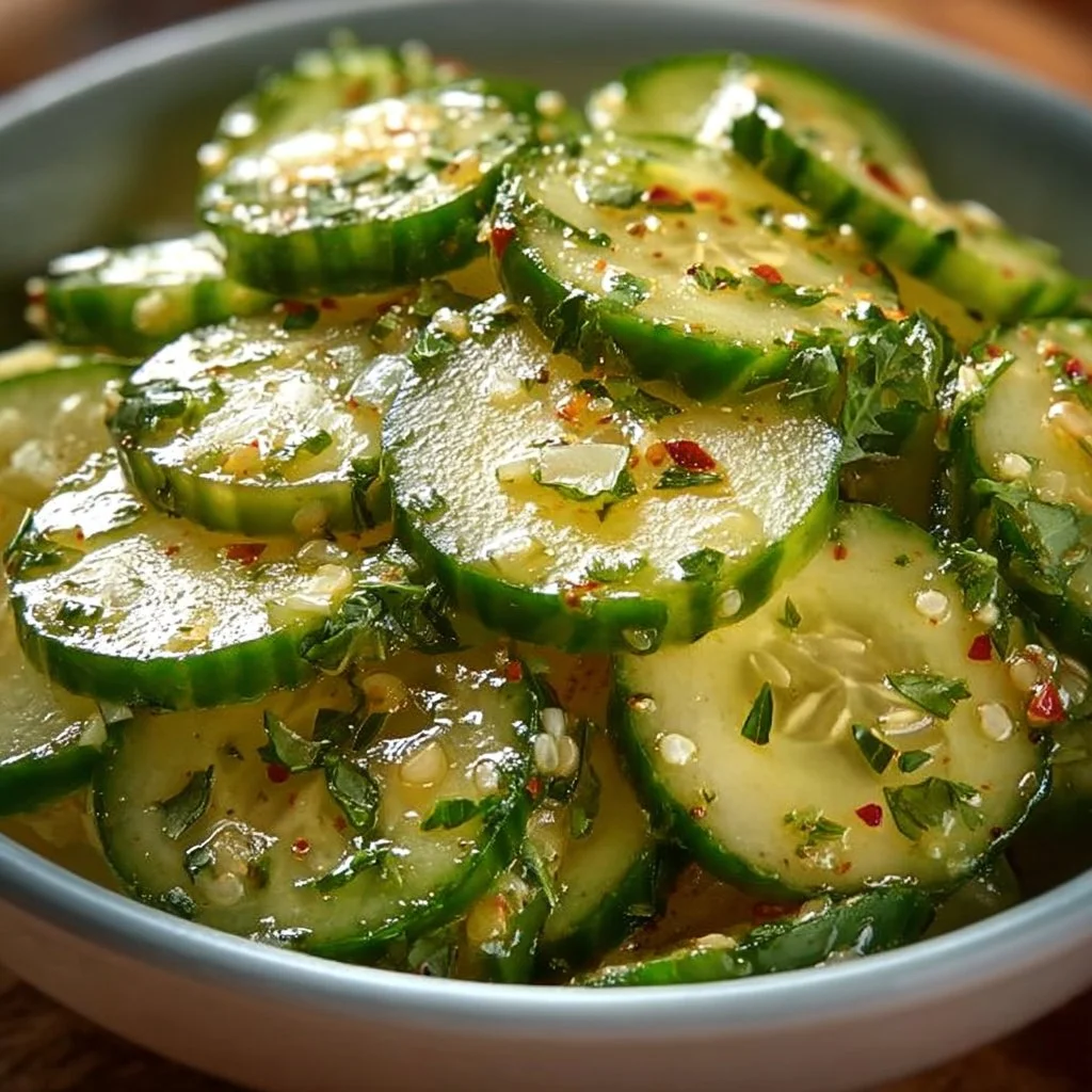 Honey-lime cucumber salad topped with herbs, served in a bowl.