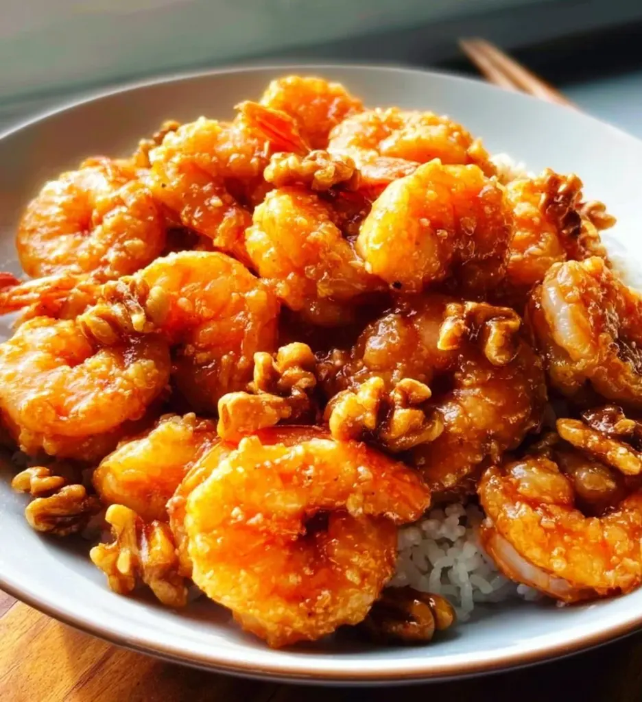 Delicious Honey Walnut Shrimp with crispy shrimp and candied walnuts