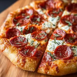 Hot honey pepperoni ricotta pizza topped with spicy pepperoni and drizzled with honey
