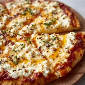 Delicious hot honey ricotta pizza with fresh toppings on a wooden board