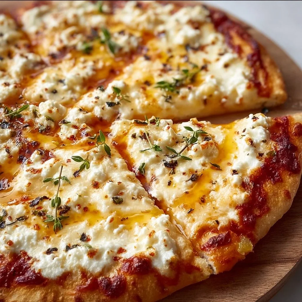 Delicious hot honey ricotta pizza with fresh toppings on a wooden board