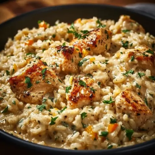 Instant Pot creamy chicken and rice dish in a bowl, garnished with herbs