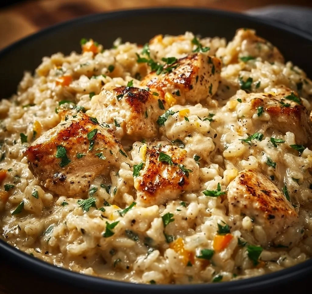 Instant Pot creamy chicken and rice dish in a bowl, garnished with herbs