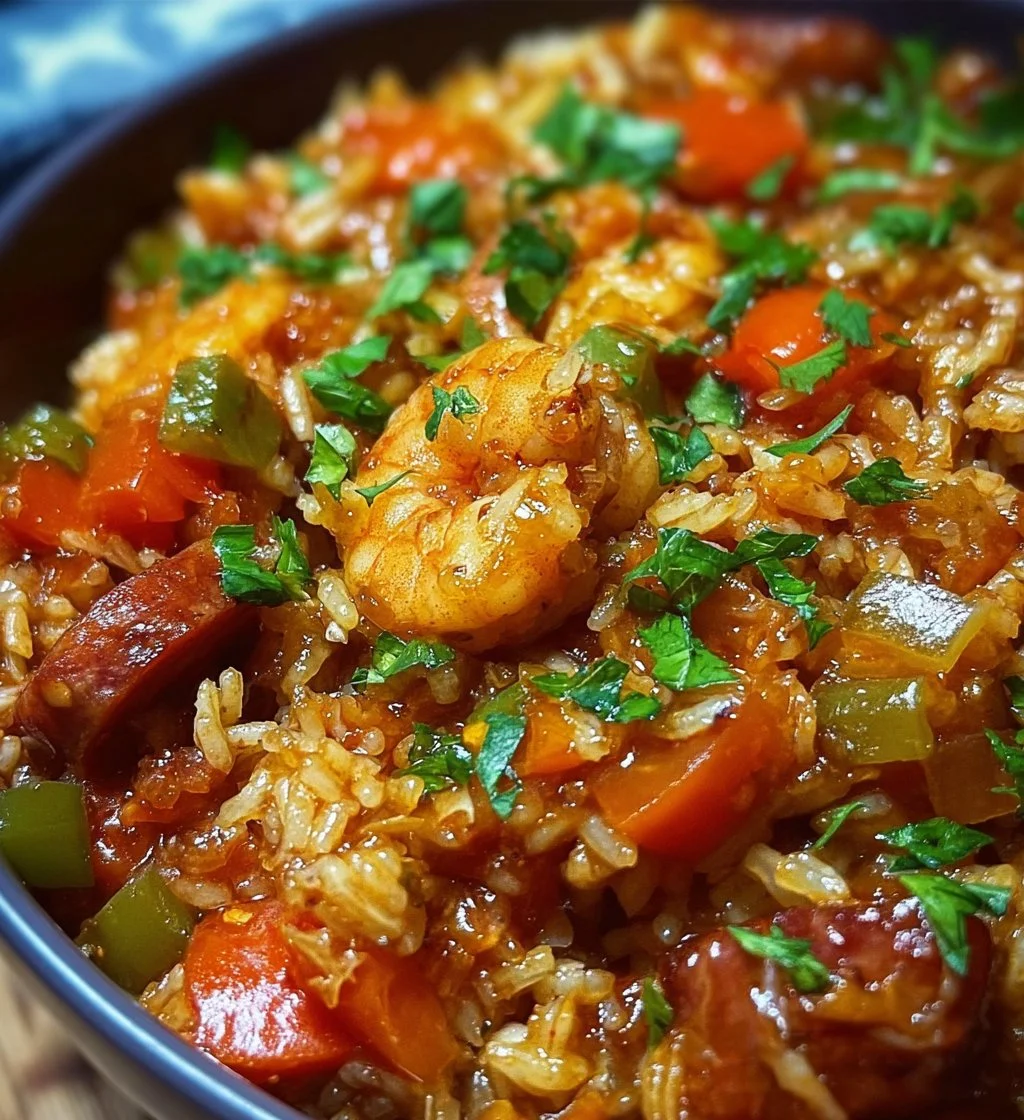 A vibrant plate of jambalaya with seafood, sausage, and vegetables