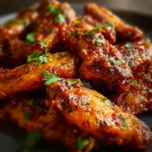 Plate of juicy Cowboy Butter Chicken Wings garnished with herbs