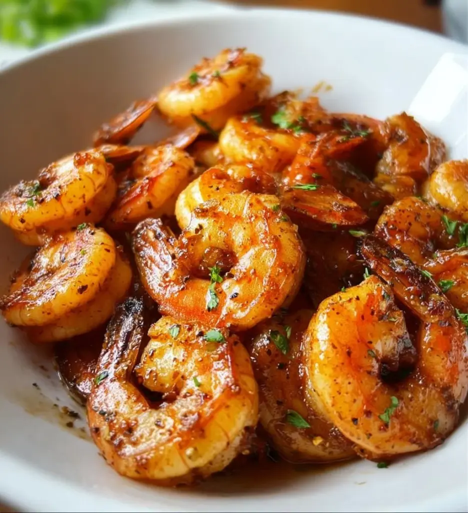 Plate of juicy sautéed shrimp served with garnishes