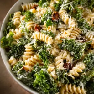 Bowl of Kale Caesar Pasta Salad with fresh ingredients and creamy dressing.