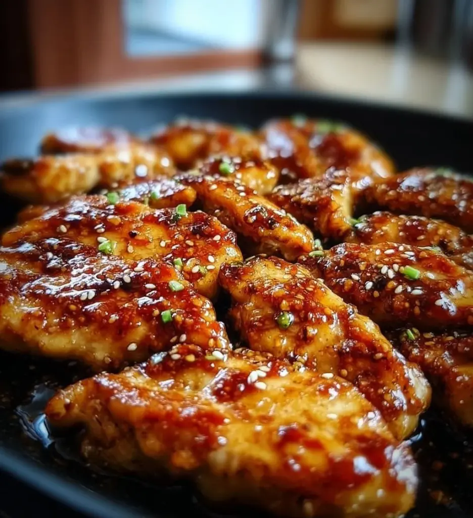 Delicious Korean chicken breasts marinated in savory sauce for a tasty meal.
