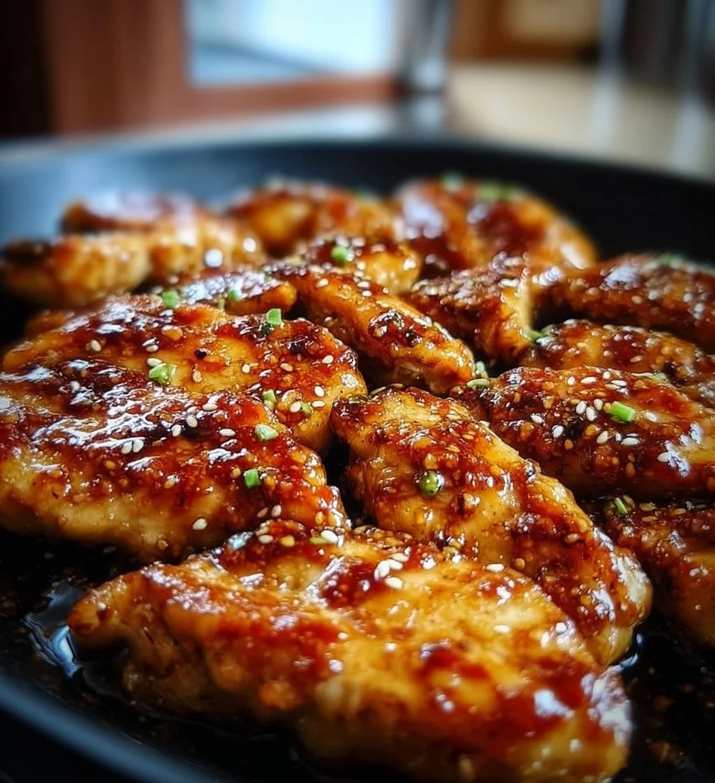 Delicious Korean chicken breasts marinated in savory sauce for a tasty meal.