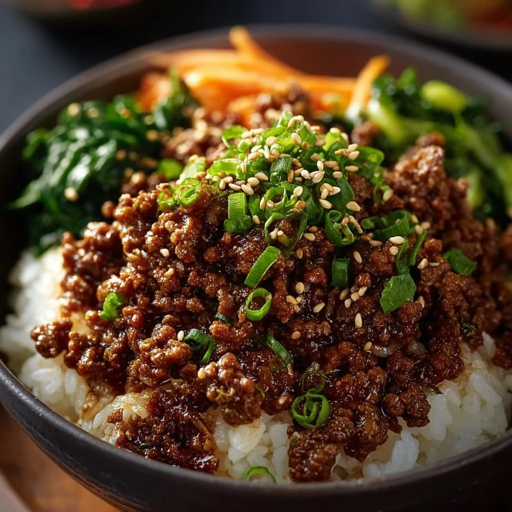 Korean Ground Beef Bowl with vegetables and sesame seeds