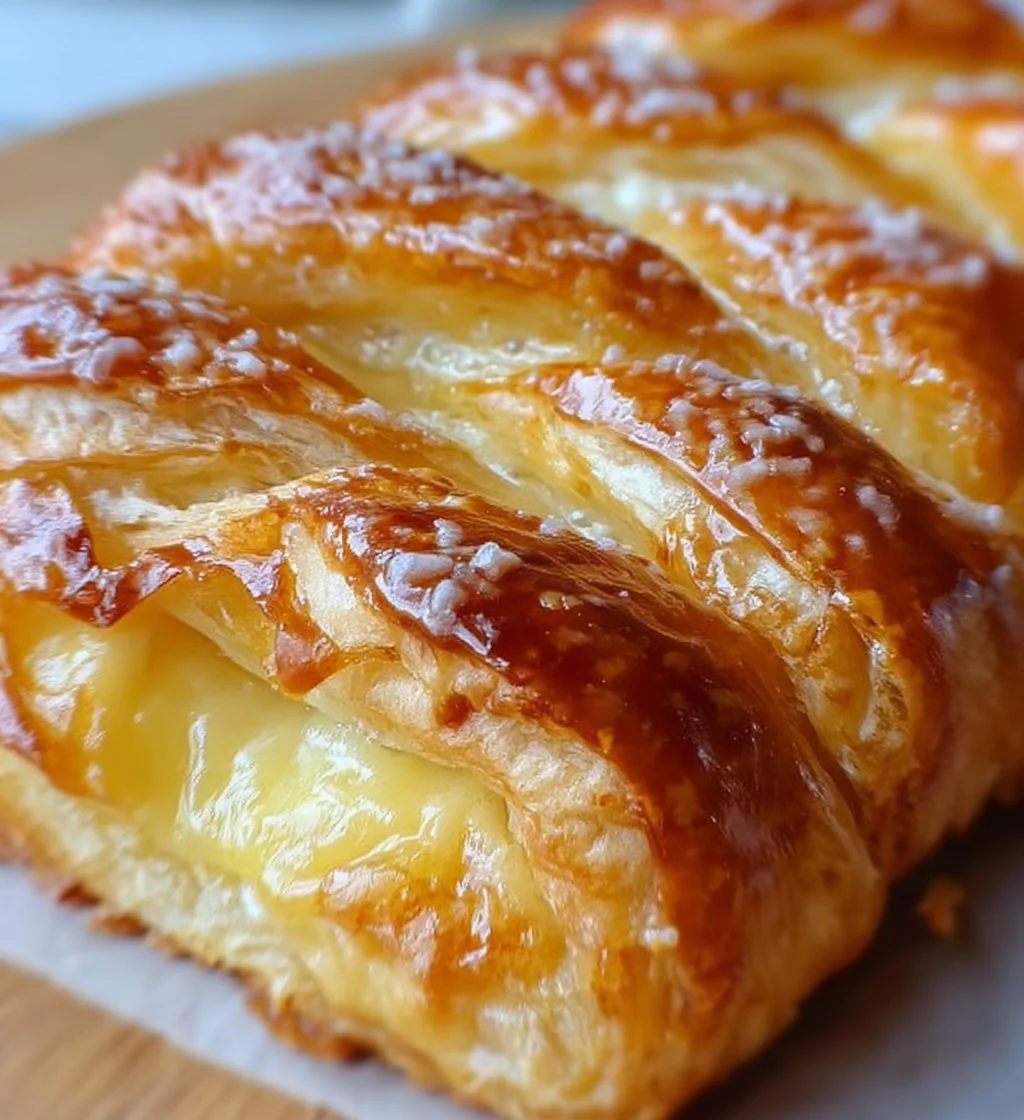 Lemon Cream Cheese Puff Pastry Braid with icing on a wooden table