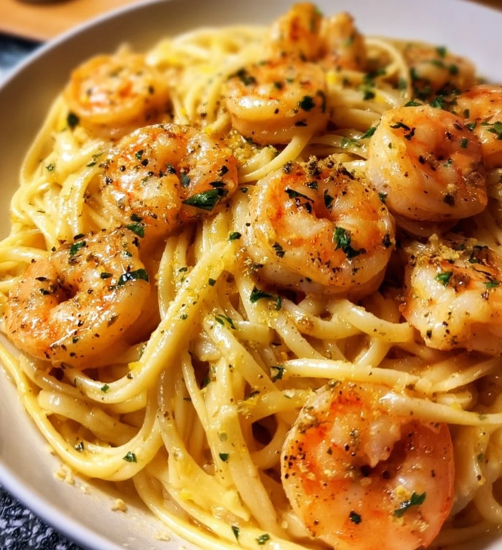 Delicious Lemon Shrimp Pasta served with fresh herbs and lemon wedges.