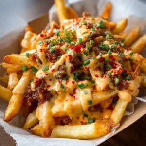 Plate of Louisiana Voodoo Fries garnished with vibrant toppings and spices.