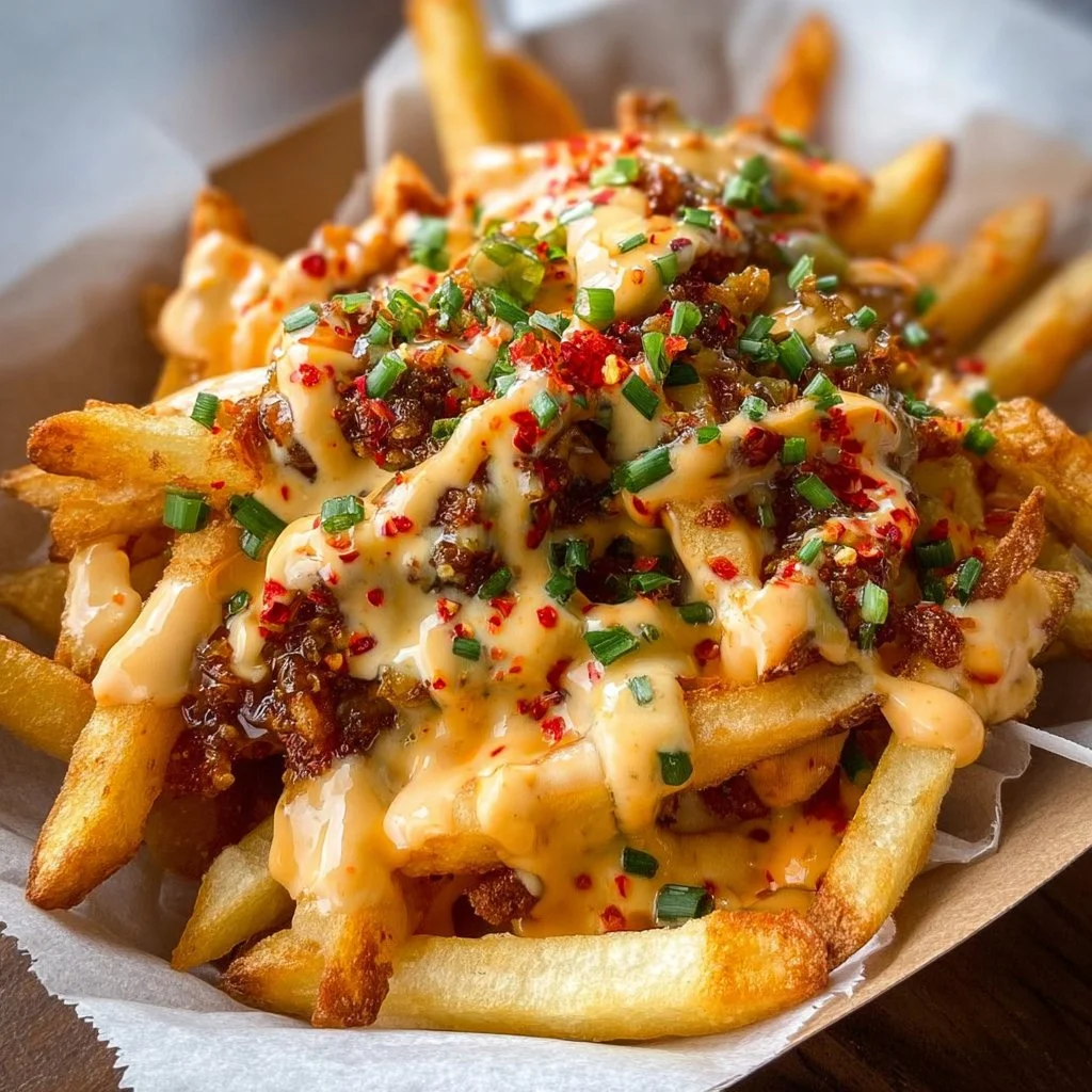Plate of Louisiana Voodoo Fries garnished with vibrant toppings and spices.