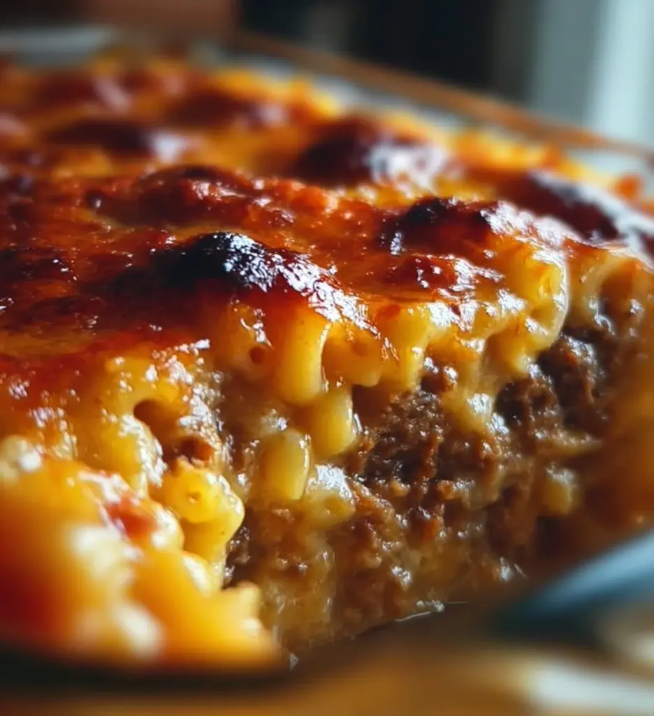 Delicious Mac and Cheese Meatloaf Casserole served in a dish