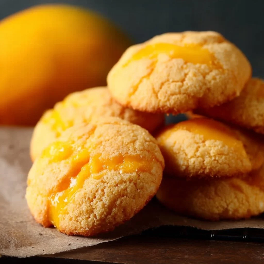 Freshly baked mango cookies with chunks of ripe mango and a sprinkle of coconut.