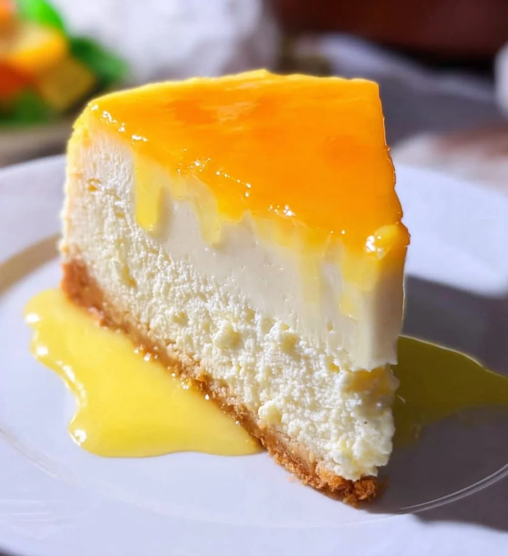 Delicious Mango Key Lime Cheesecake topped with fresh mango and lime zest