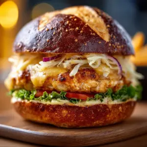 Delicious Maple Dijon Chicken Burger with toppings and a side of fries