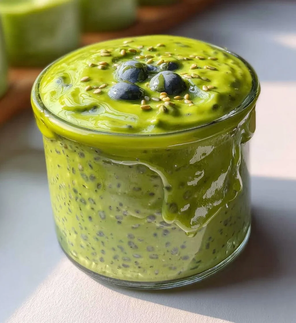 Matcha overnight oats topped with fruits and nuts in a glass jar