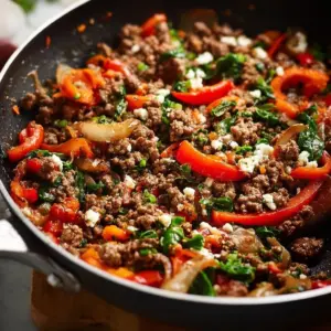 Mediterranean Ground Beef Stir Fry with colorful vegetables and spices
