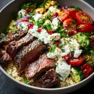 Mediterranean steak bowl with fresh vegetables and herbs