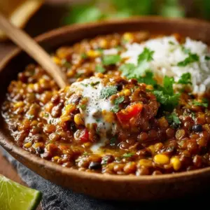 Bowl of Mexican spiced lentils garnished with cilantro and lime