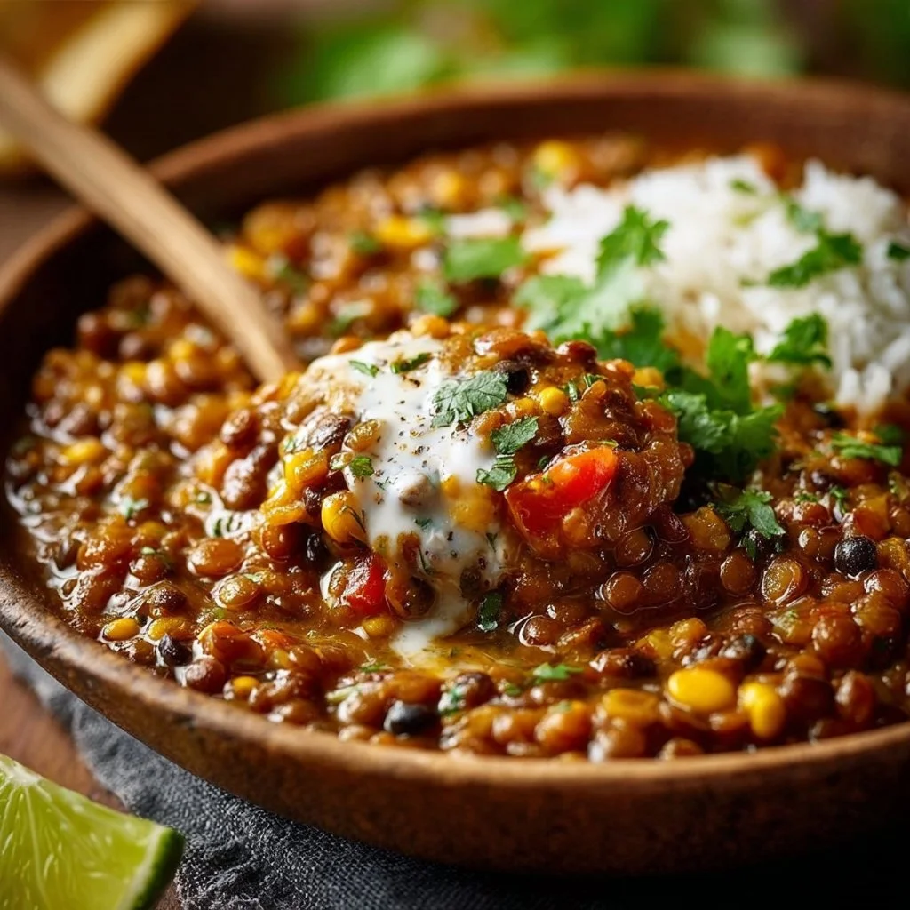 Bowl of Mexican spiced lentils garnished with cilantro and lime