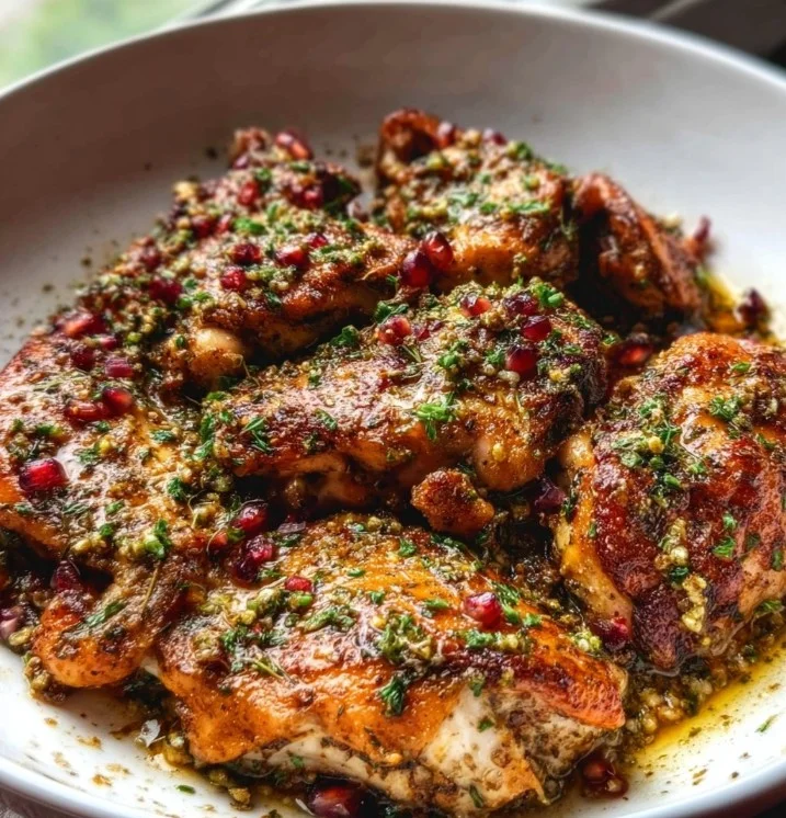 Delicious Middle Eastern zaatar yogurt chicken served with fresh herbs and spices.
