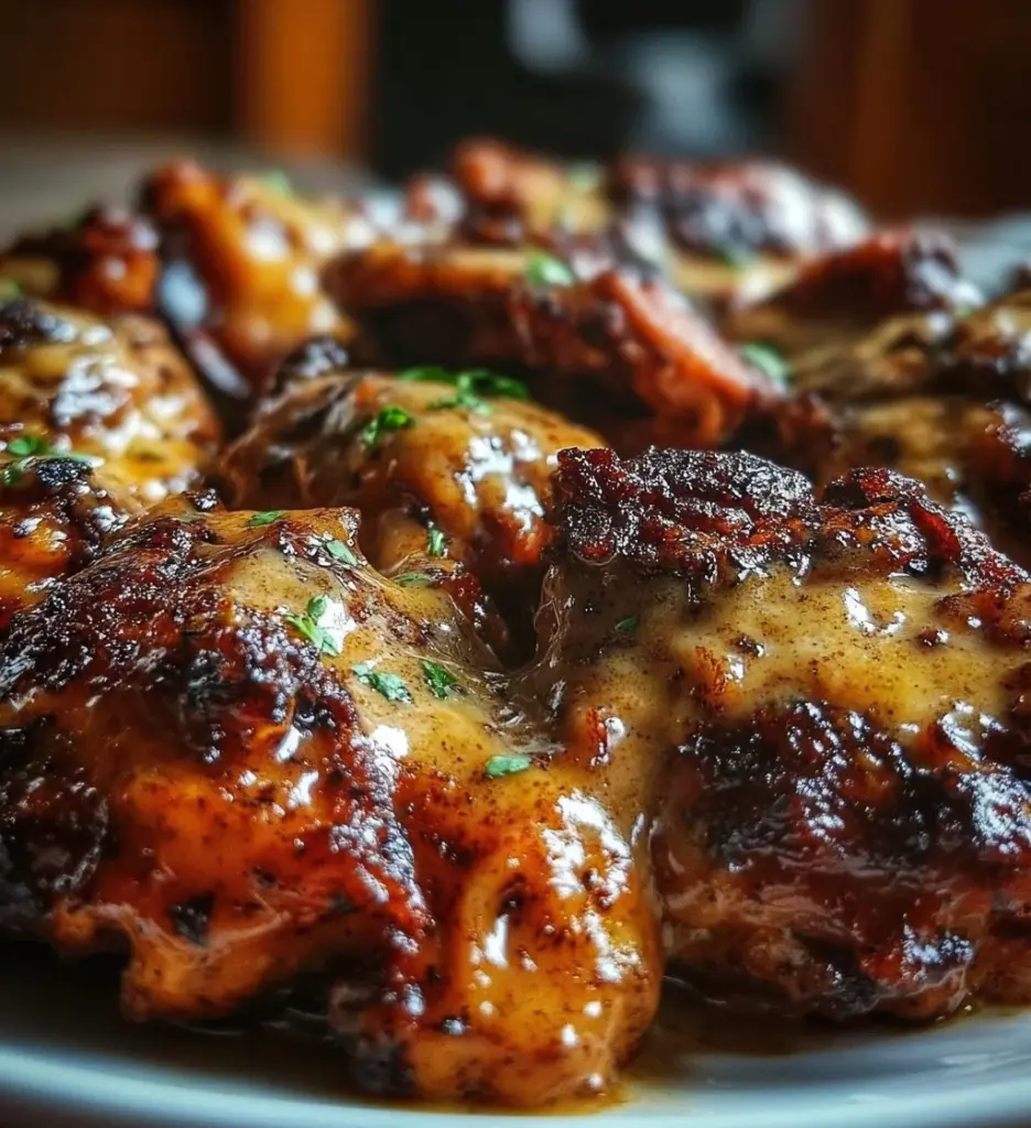 Plate of Mississippi Mud Chicken garnished with herbs and served with sides