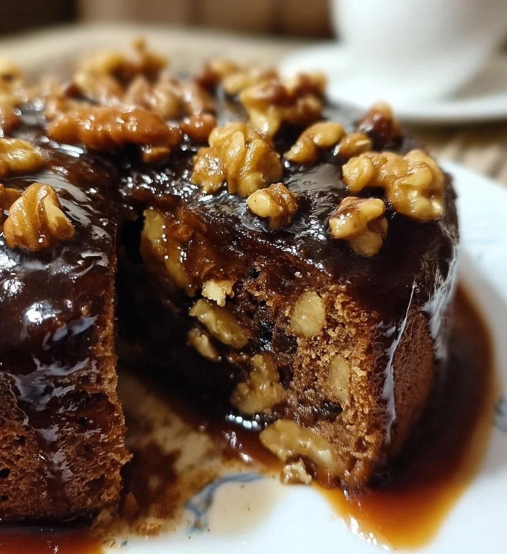 Moist Espresso Date Cake topped with walnuts, served on a wooden table.