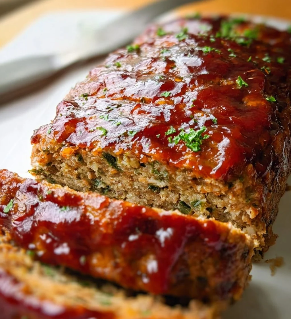 Delicious moist turkey meatloaf slice served with vegetables on a plate