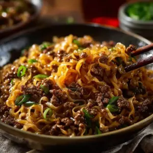 Delicious plate of Mongolian Ground Beef Noodles with vibrant vegetables