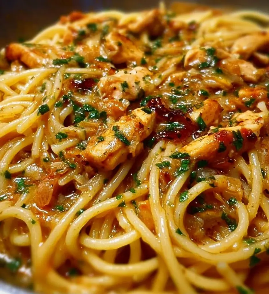 Plate of Monterey Chicken Spaghetti with fresh vegetables and a savory sauce