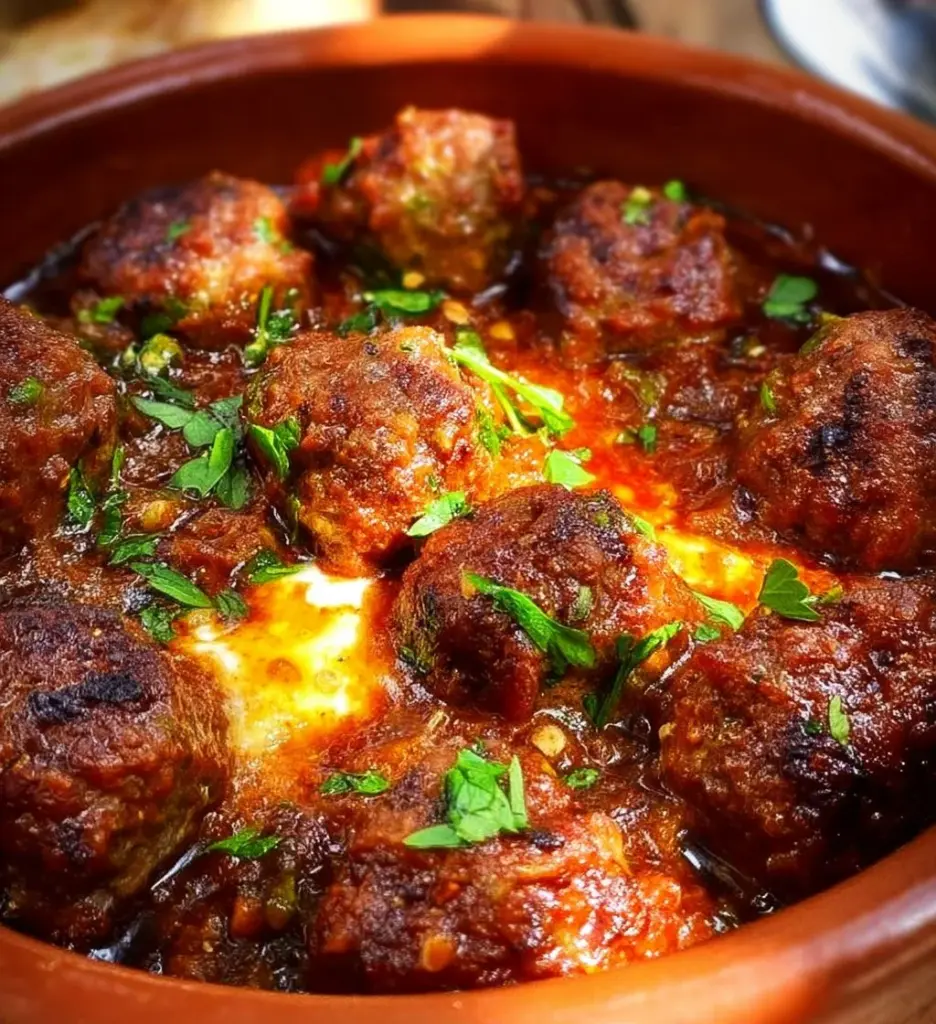 Delicious Moroccan meatball tagine served with spices and vegetables
