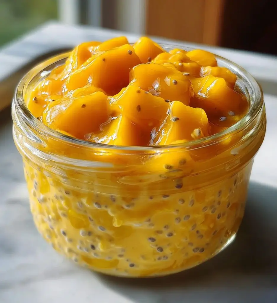 Delicious mango overnight oats in a glass topped with fresh mango slices.