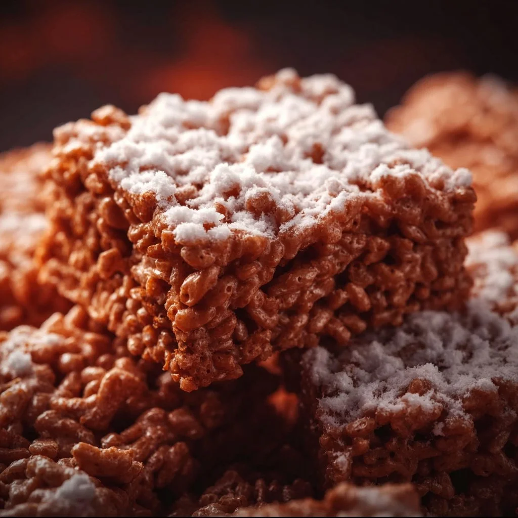 A close-up of Muddy Buddy Rice Krispies treat made with chocolate and peanut butter.