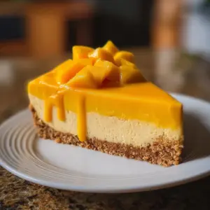 No-bake mango cheesecake topped with fresh mango slices and mint.