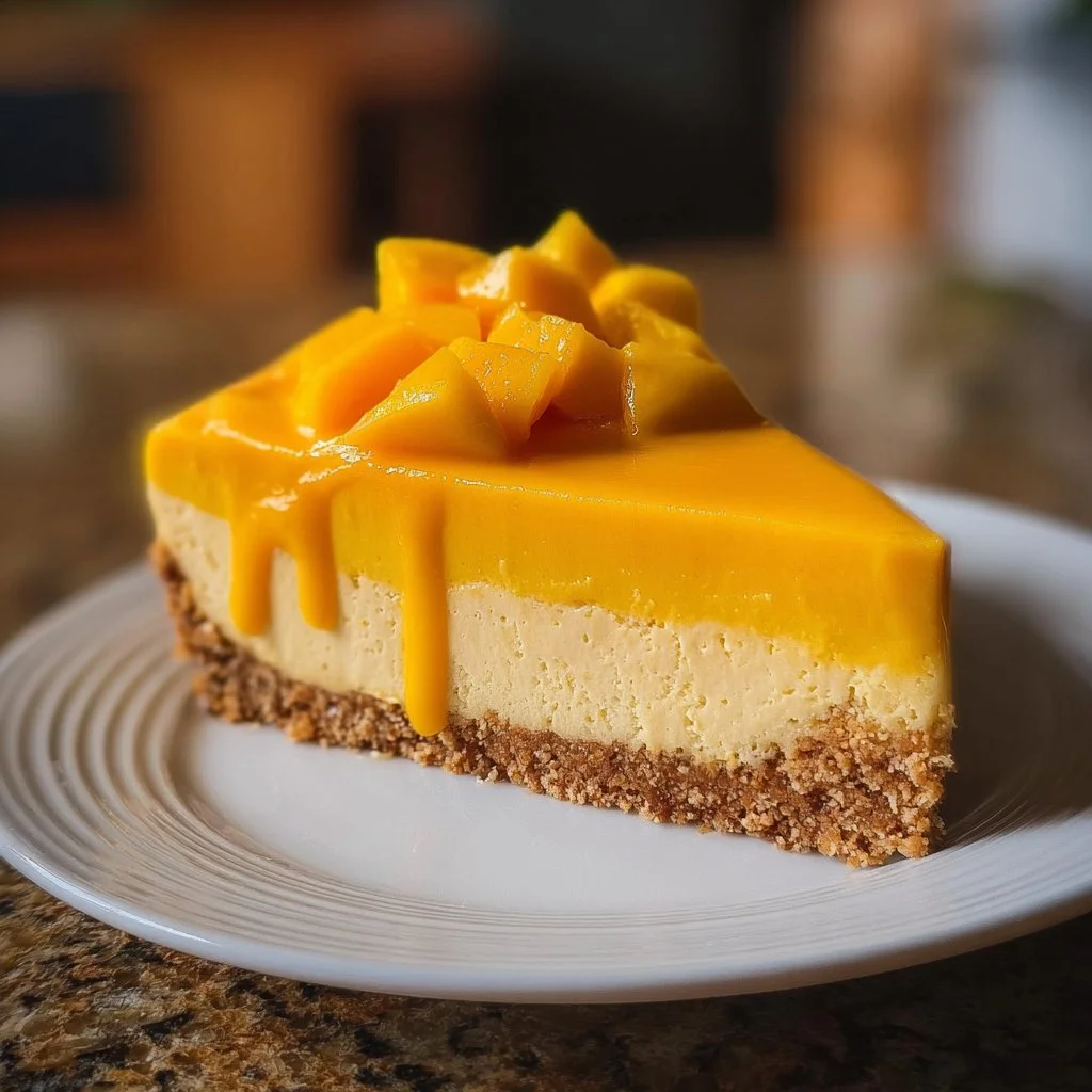 No-bake mango cheesecake topped with fresh mango slices and mint.
