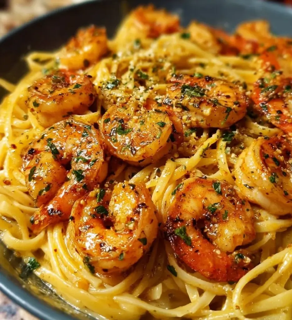 Delicious Old Bay Garlic Shrimp Pasta served on a plate with fresh herbs.