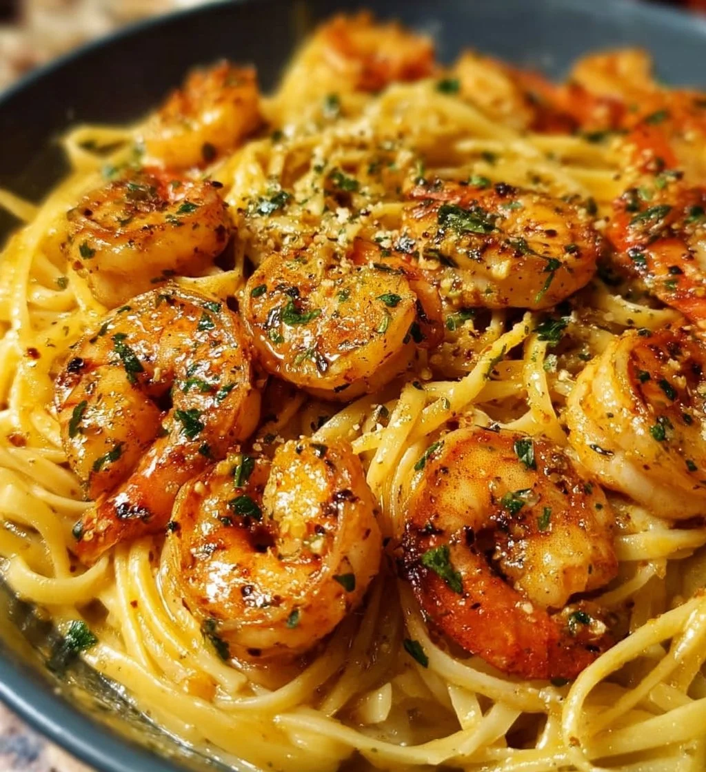 Delicious Old Bay Garlic Shrimp Pasta served on a plate with fresh herbs.