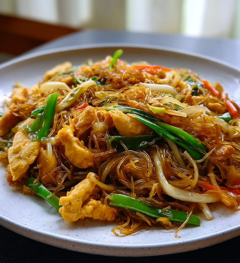 Delicious One-Pan Chicken Rice Noodles served on a plate with vegetables.