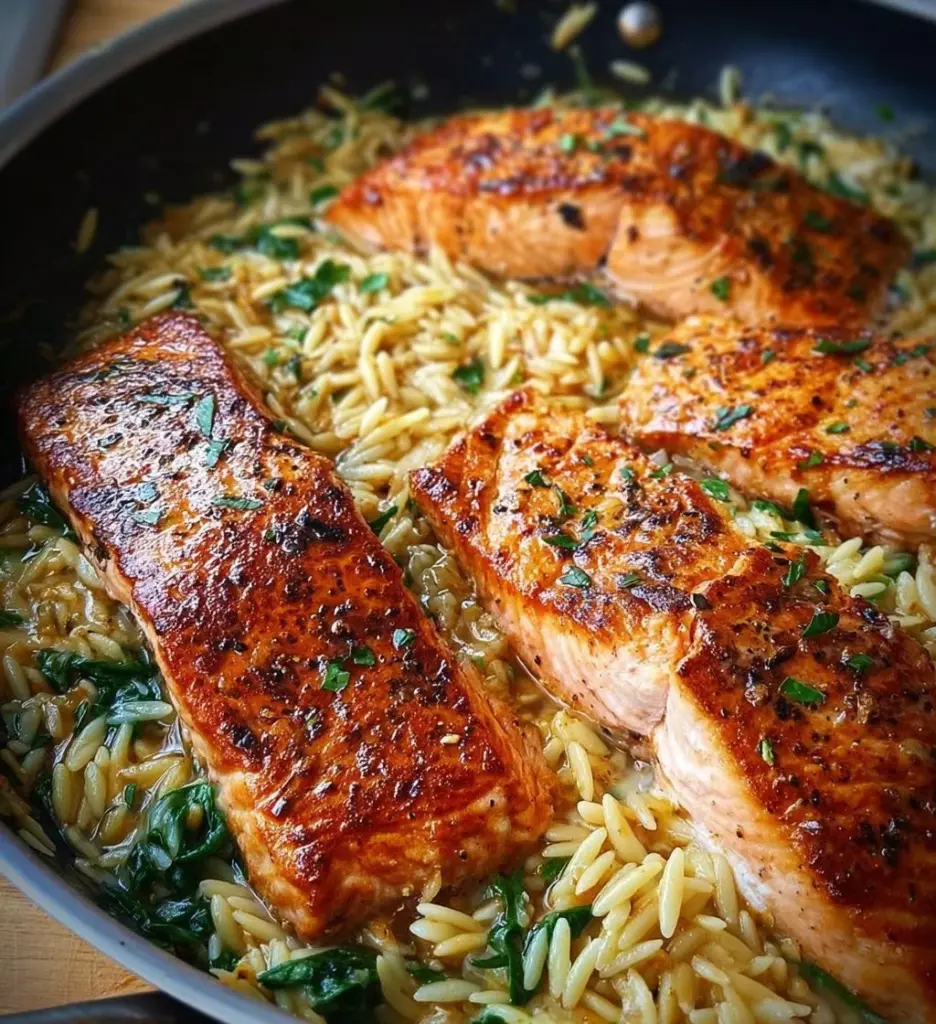 One skillet salmon dish served with lemon orzo and garnished with herbs.