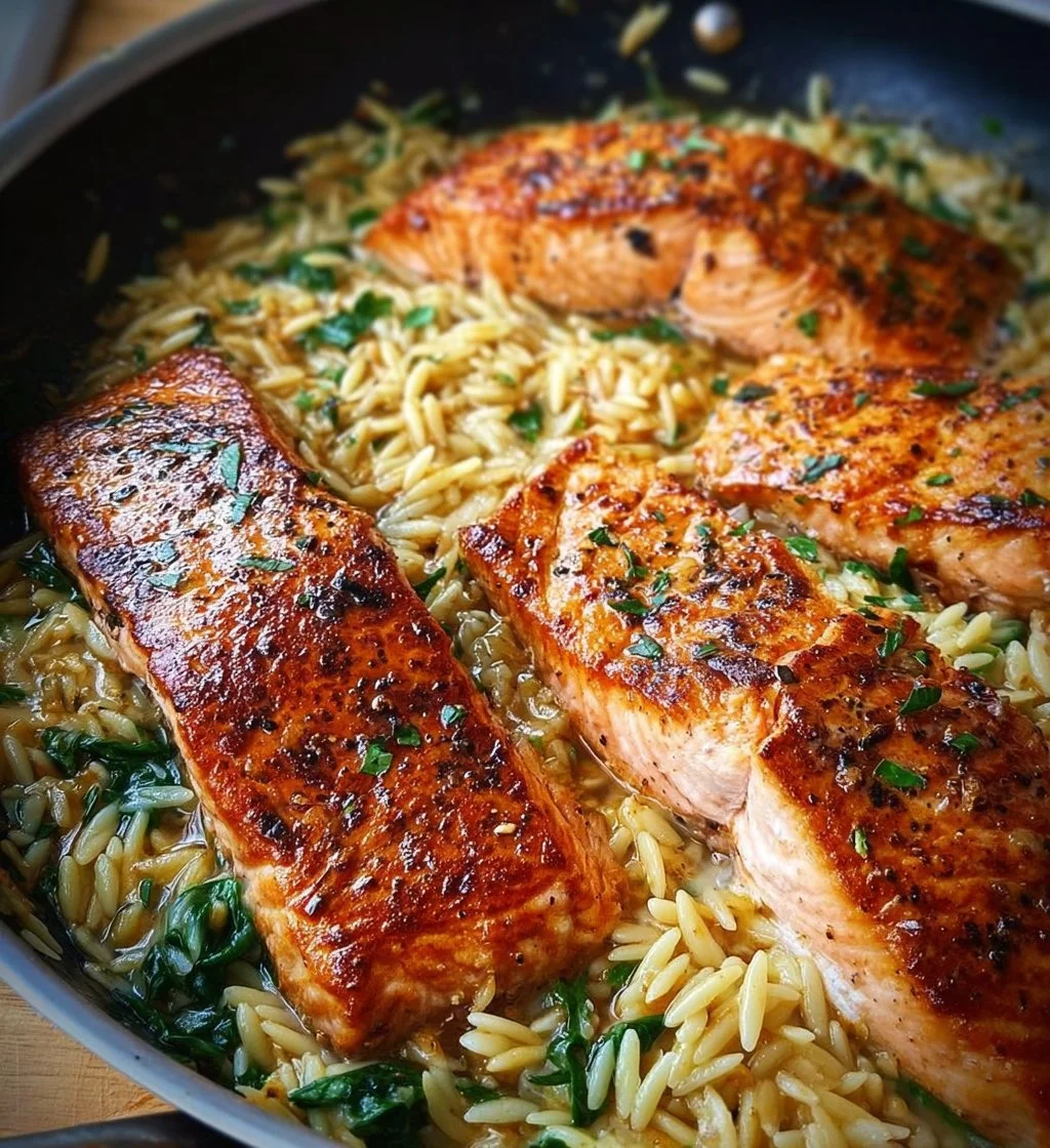 One skillet salmon dish served with lemon orzo and garnished with herbs.