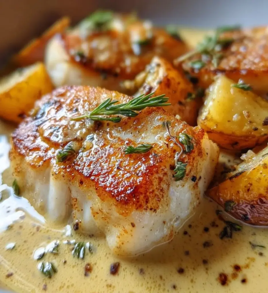 Delicious pan-seared white fish served with creamy potatoes on a plate.