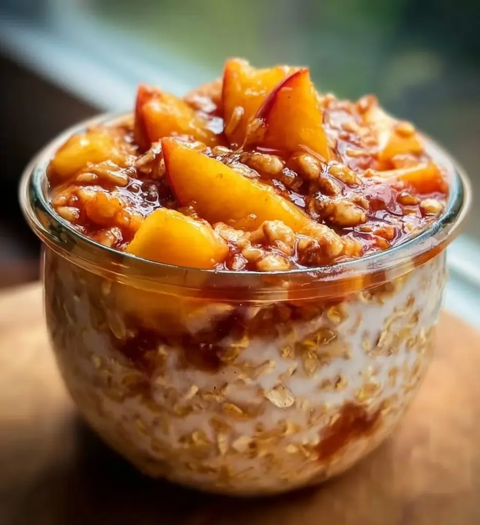 Bowl of peach cobbler overnight oats topped with fresh peaches and nuts