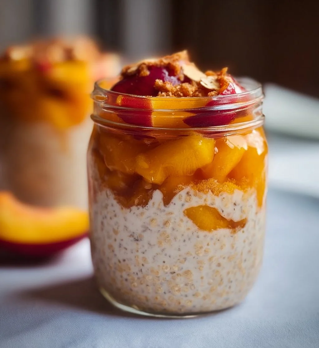 Bowl of Peach Cobbler Overnight Oats topped with fresh peaches and cinnamon