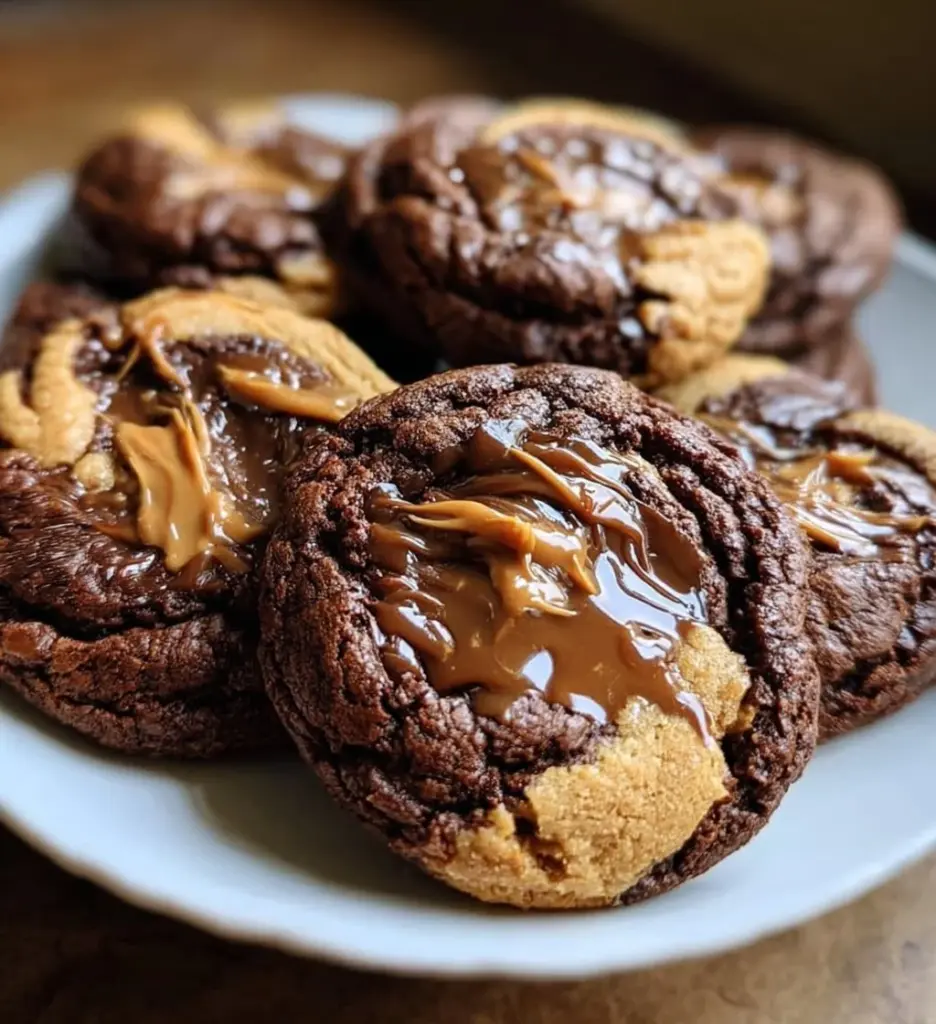 Delicious Peanut Butter Brownie Swirl Cookies displayed on a plate.