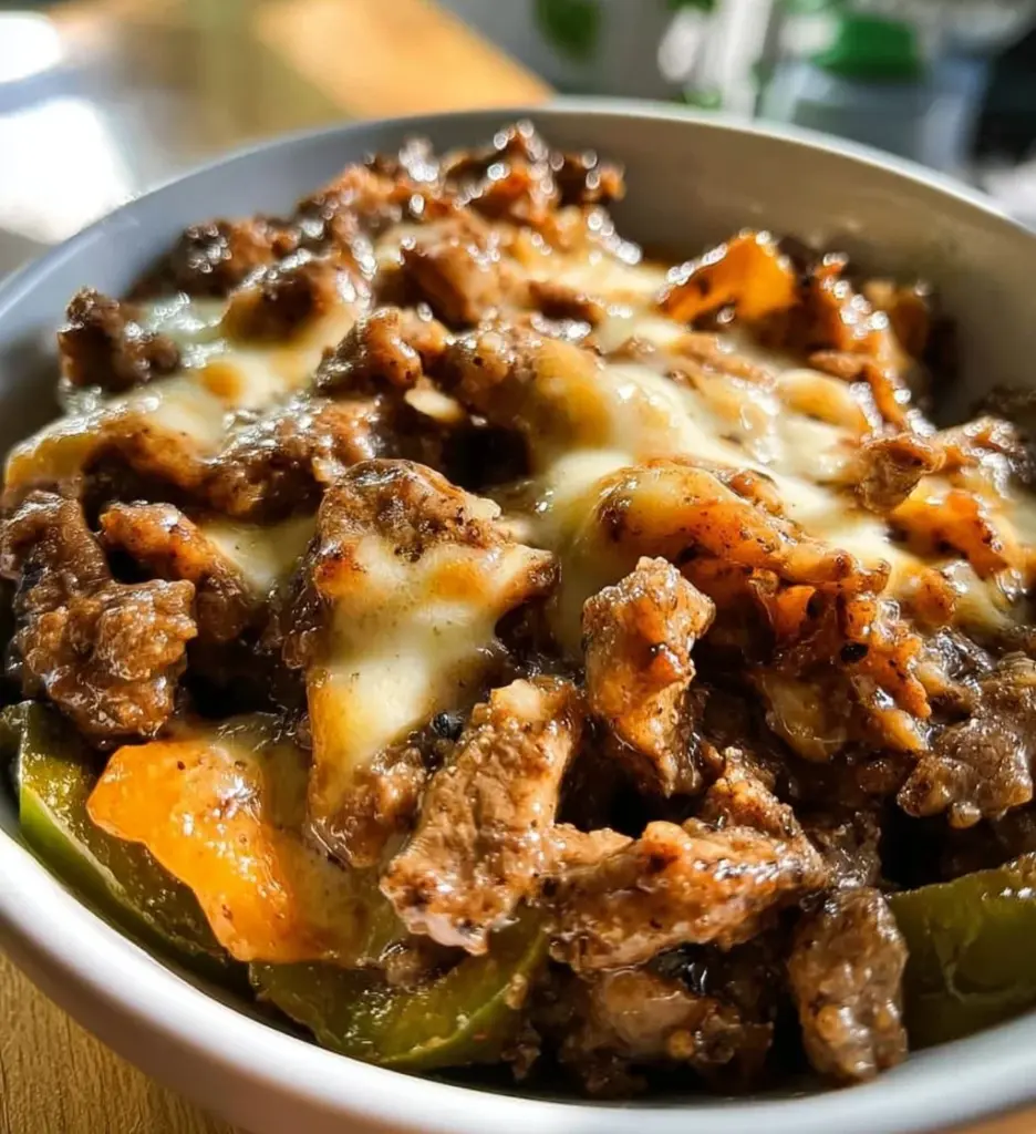 Delicious Philly Cheesesteak Bowls with steak, peppers, and cheese