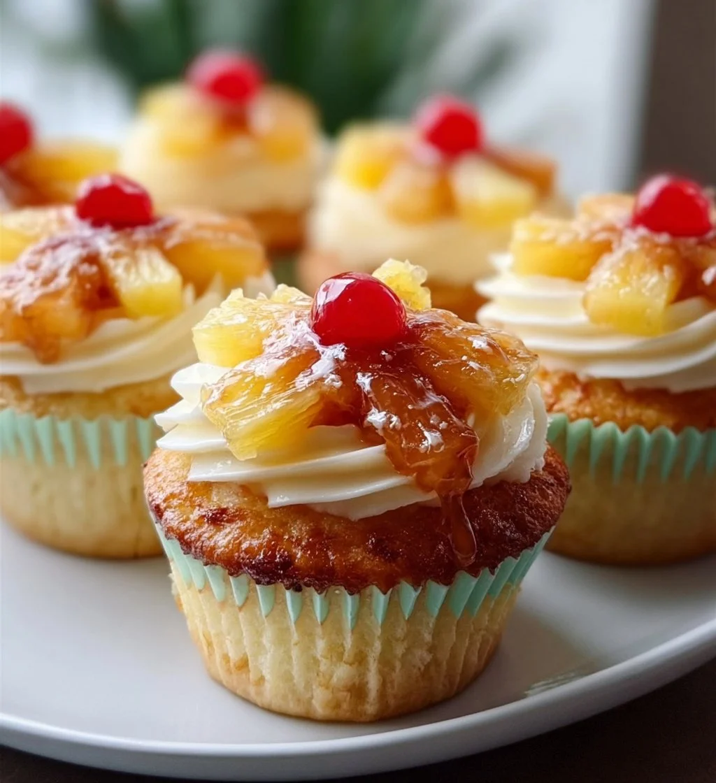 Delicious Pina Colada cupcakes with cream topping and pineapple garnish